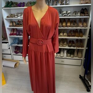 Asos Orange Red LongSleeve Belted Pleat Maxi Dress
